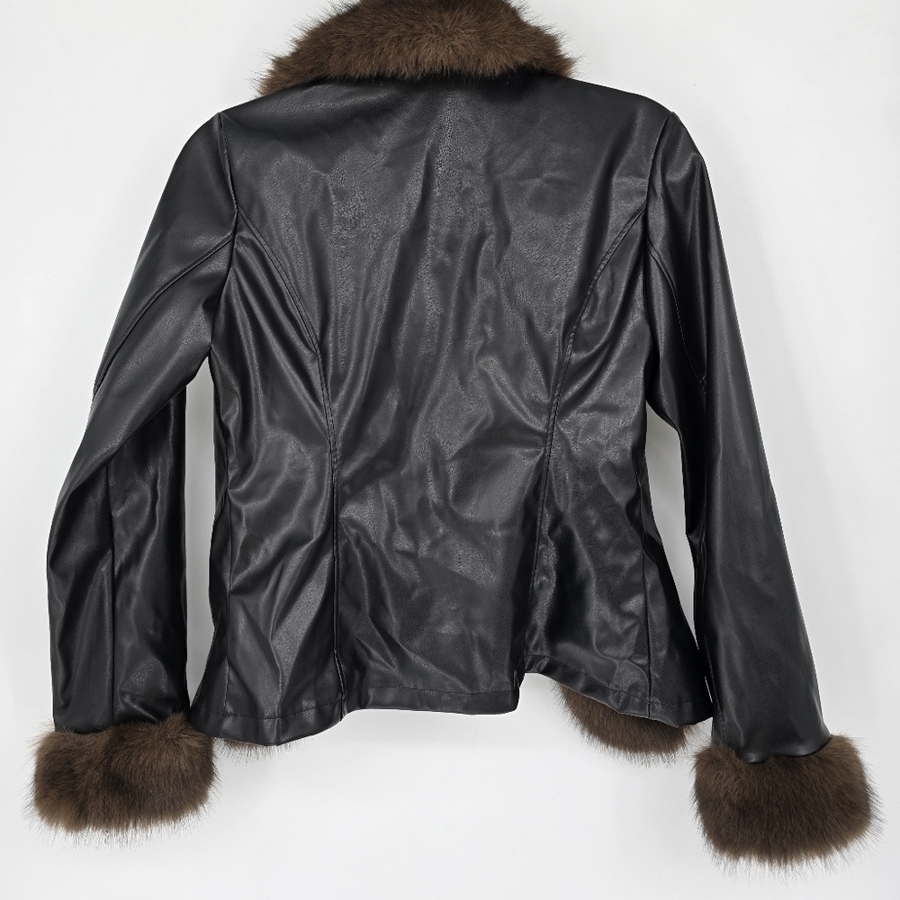 Chic Mood Brown Fur Cardigan faux leather jacket black brown small - Picture 3 of 9
